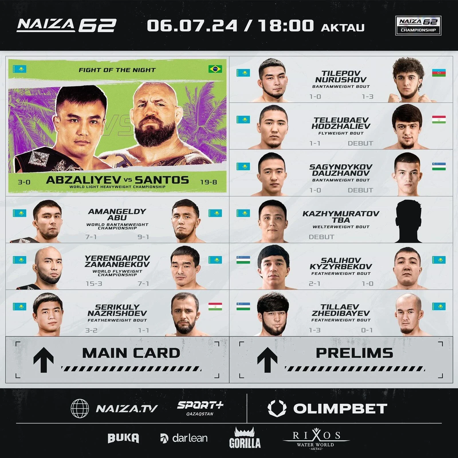 Үш чемпиондық жекпе-жек. NAIZA62 турнирінің карды ұсынылды