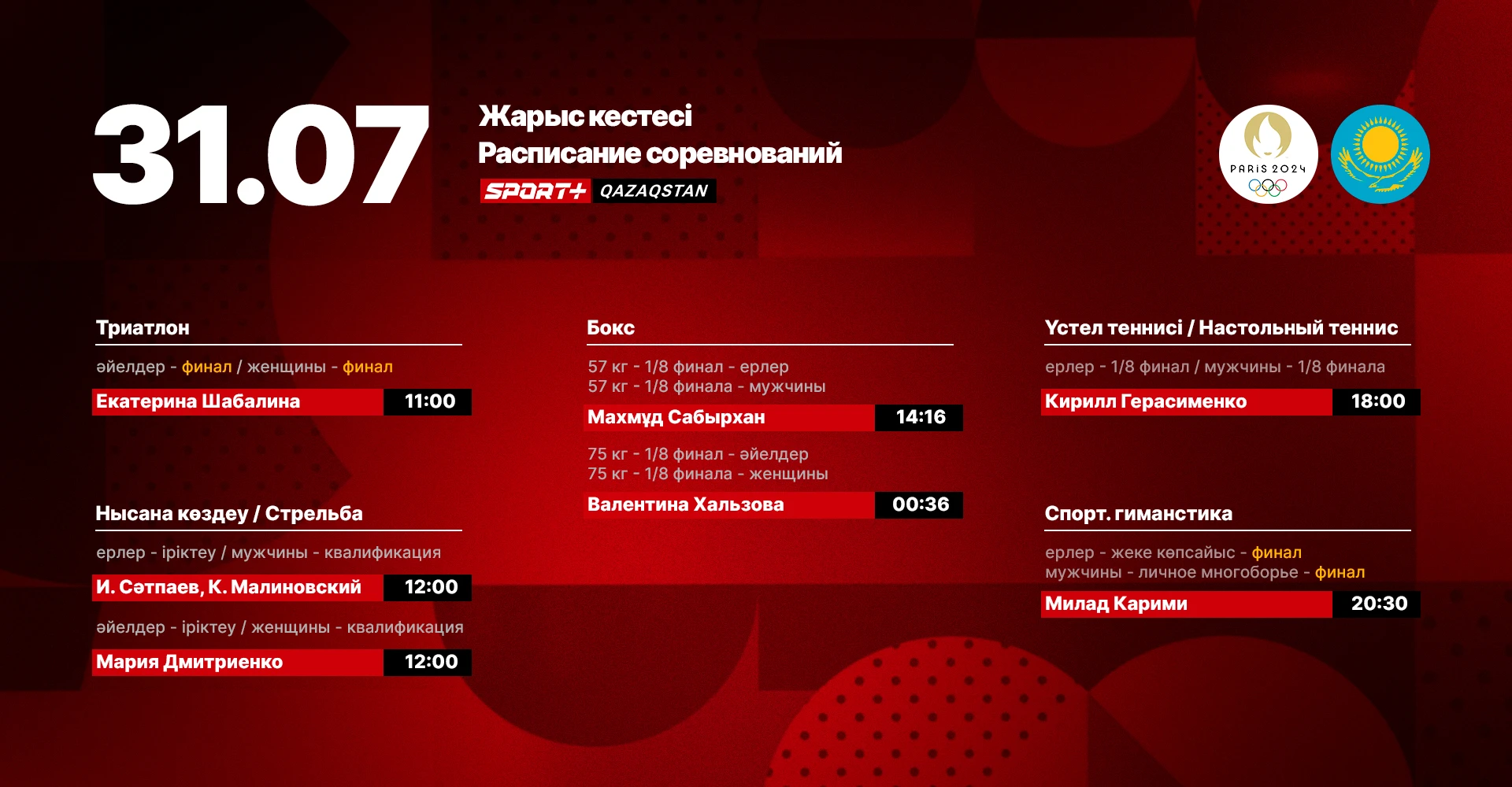 31 шілдеде Олимпиада ойындарында қазақстандық спортшылардың өнер көрсету кестесі