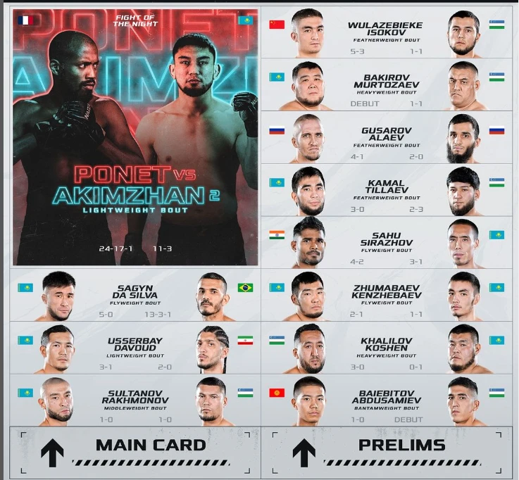 Реванш Акимжан – Поне, возвращение Сагына и Султанова. Где и во сколько смотреть NAIZA 67