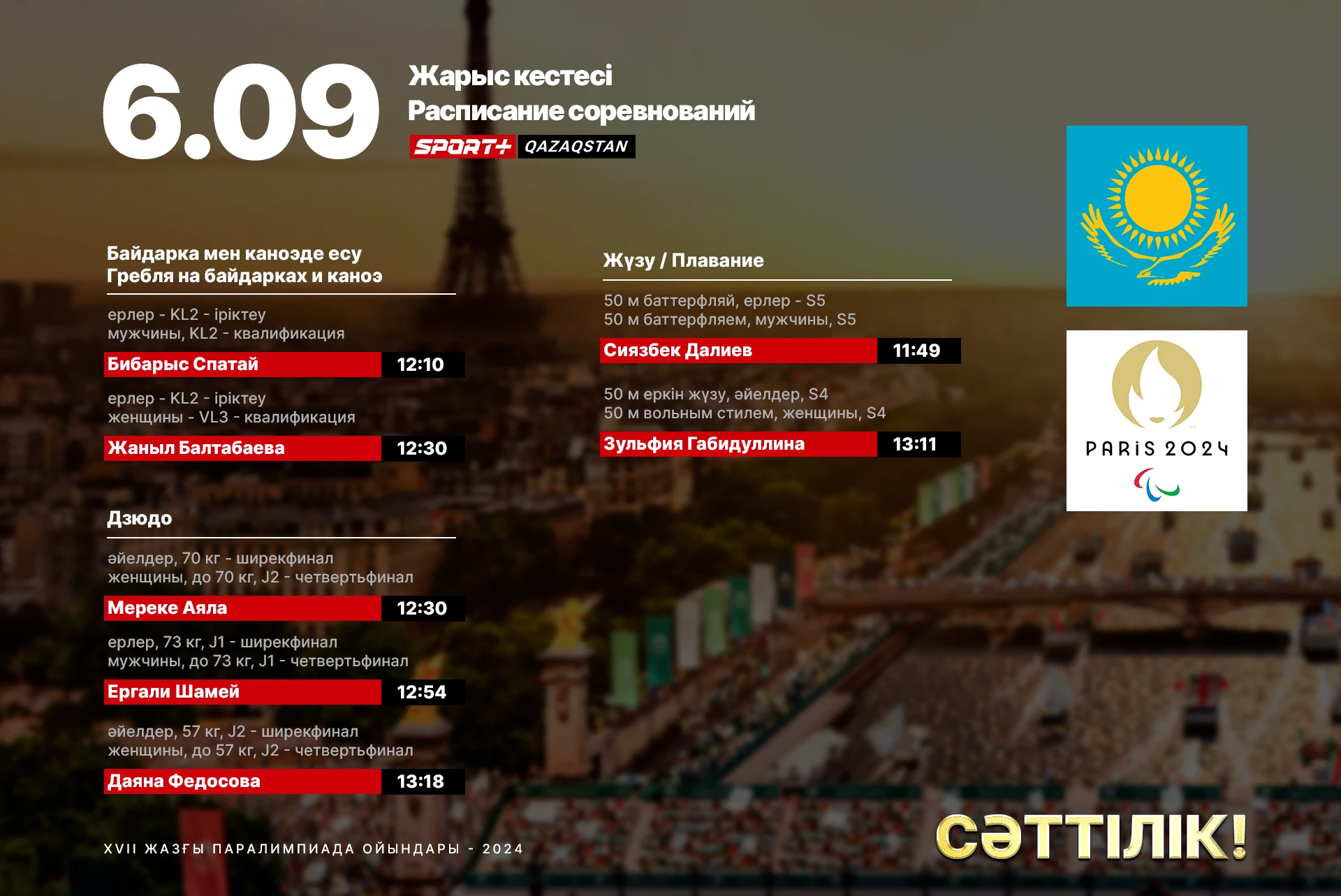 6 қыркүйек: Париж Паралимпиадасында қазақстандық спортшылардың өнер көрсету кестесі