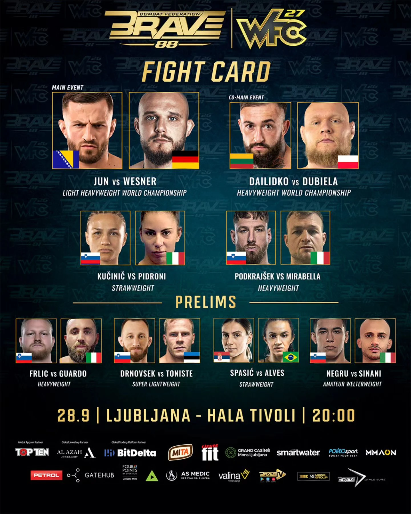 Два титульных боя тяжей на турнире BRAVE 88. Где и во сколько смотреть трансляцию турнира из Словении
