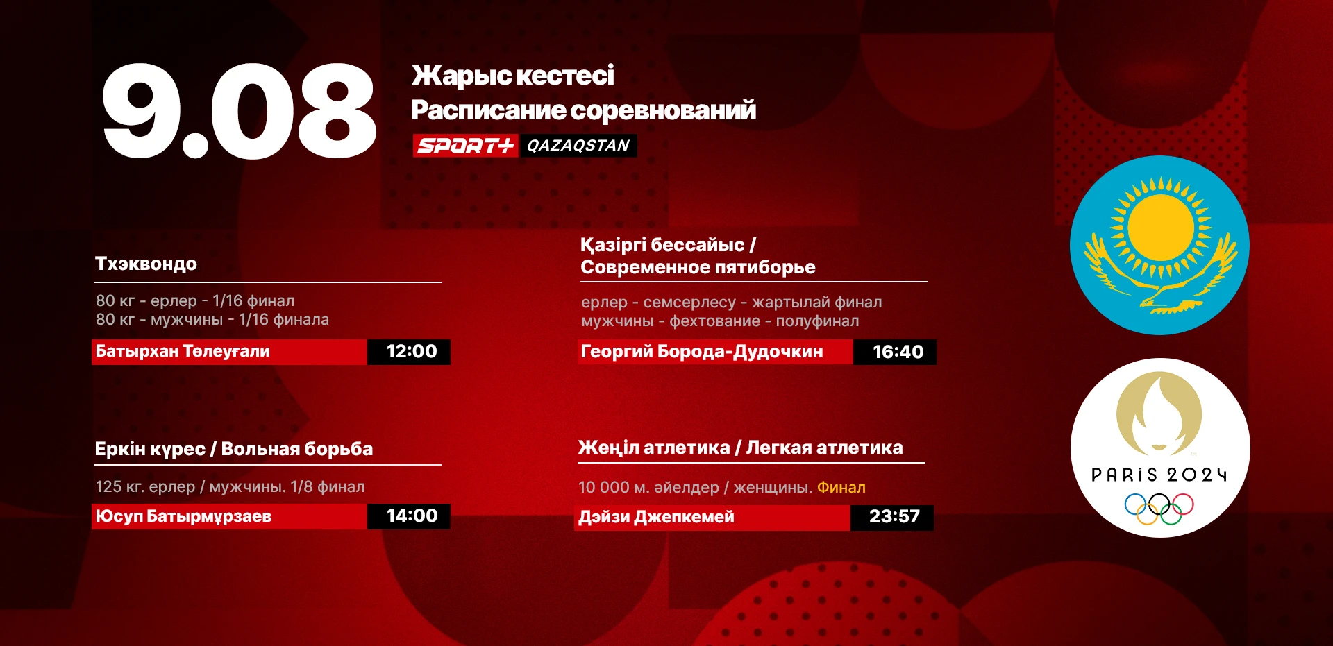 Расписание выступления казахстанских спортсменов на Олимпиаде 9 августа