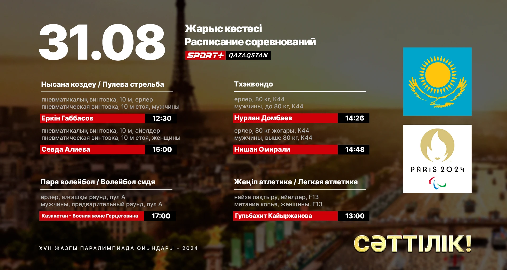 Волейбол, легкая атлетика, таеквандо и стрельба. Расписание выступлений казахстанцев на Паралимпиаде 31 августа